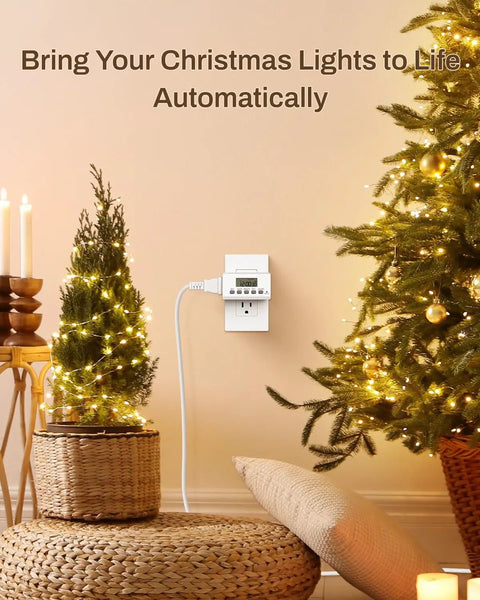 Indoor Digital Timer Outlet With 24 Hour Scheduling near Christmas tree lights setup for easy automation