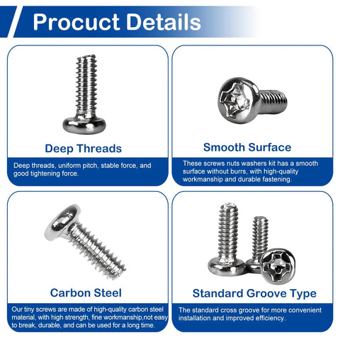 Product details showing huge 1600pcs tiny Phillips pan head machine screws set for eyeglasses RC models electronics and DIY projects nickel plated carbon steel metric micro screws from M1 to M1.7 with deep threads, smooth surface, carbon steel, and standard groove type.
