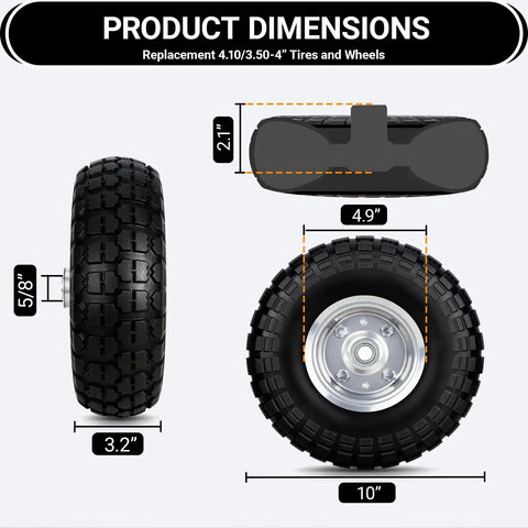 Product dimensions of 10 Inch Solid Rubber Tire Wheel No-Flat With 5/8 Inch Double Sealed Bearings, 2.2 Inch Offset Hub.