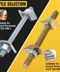 Image showcasing Heavy Duty Countertop Joint Connectors And Butcher Block Draw Bolts For Rock Solid Furniture Assembly No Sweat Installation Woodworker Hardware Kit Silver And Ten Pieces, highlighting two styles with different thickness capabilities.