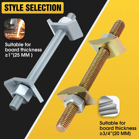 Image showcasing Heavy Duty Countertop Joint Connectors And Butcher Block Draw Bolts For Rock Solid Furniture Assembly No Sweat Installation Woodworker Hardware Kit Silver And Ten Pieces, highlighting two styles with different thickness capabilities.