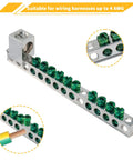 Heavy Duty Ten Terminal Grounding Bar Kit For Eaton Br Ch Load Centers Breaker Box Electrical Panel Upgrades close-up view with green lugs.
