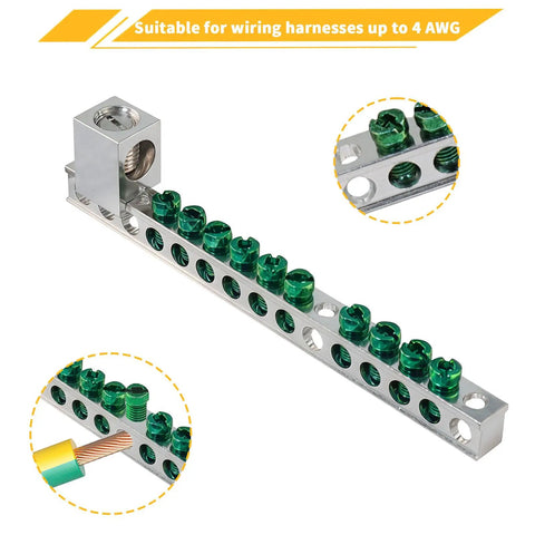 Heavy Duty Ten Terminal Grounding Bar Kit For Eaton Br Ch Load Centers Breaker Box Electrical Panel Upgrades close-up view with green lugs.