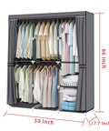 Grab And Go Portable Wardrobe Closet 50 Inch With Hanging Rods And Nonwoven Fabric Cover Dustproof Space Saving Clothes Organizer Grey