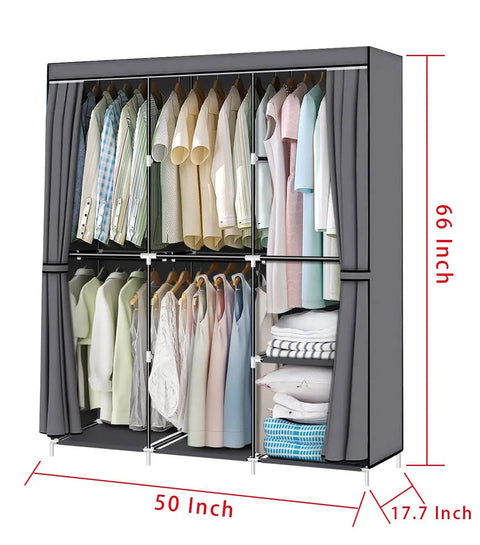 Grab And Go Portable Wardrobe Closet 50 Inch With Hanging Rods And Nonwoven Fabric Cover Dustproof Space Saving Clothes Organizer Grey