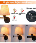 7 Inch Plug In Wall Sconce With Dimmable Stepless Brightness Fabric Linen Shade showing dimmer switch and bulb types.