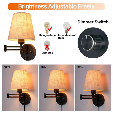 7 Inch Plug In Wall Sconce With Dimmable Stepless Brightness Fabric Linen Shade showing dimmer switch and bulb types.