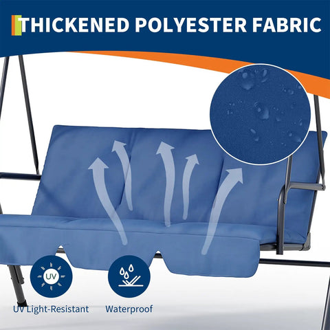 Close-up of blue cushions on Three-Seat Outdoor Porch Swing With Adjustable Canopy And Removable Cushions Powder-Coated Steel Frame