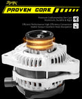 Beefed-Up 12V 130A Alternator For Honda Pilot 2009-2011 Odyssey 2008-2010 Ridgeline 2009-2011 And Acura MDX RL TL TSX ZDX With 6 Groove Pulley CW Rotation New OE 31100 RGW A01 Replacement, shown from side with 6-groove pulley visible