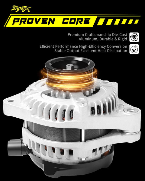 Beefed-Up 12V 130A Alternator For Honda Pilot 2009-2011 Odyssey 2008-2010 Ridgeline 2009-2011 And Acura MDX RL TL TSX ZDX With 6 Groove Pulley CW Rotation New OE 31100 RGW A01 Replacement, shown from side with 6-groove pulley visible