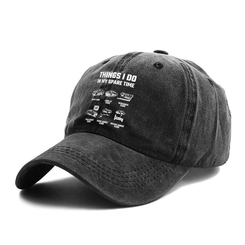 Funny RV Caravan Lover Travel Baseball Cap Adjustable Trucker Style Sun Hat for Outdoors featuring 'Things I Do' graphic.