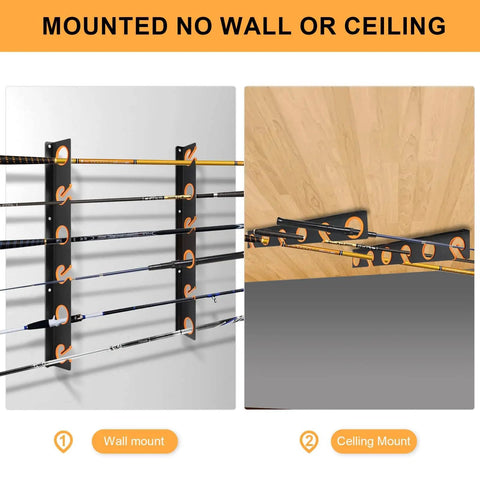 Heavy Duty Steel Fishing Rod Rack and Holder for Wall or Ceiling Mounts, holds up to six fishing rods, black steel, mounted view