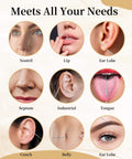 Pro Grade Piercing Kit With Ball Grabber And 16G 18G Tapers For Easy No Fuss Jewelry Changes Flat Back Earrings Applicator Tool Threadless Insertion Pin And All In One Body Piercing Set For Ears Nose Lip Eyebrow shown in use for various piercings