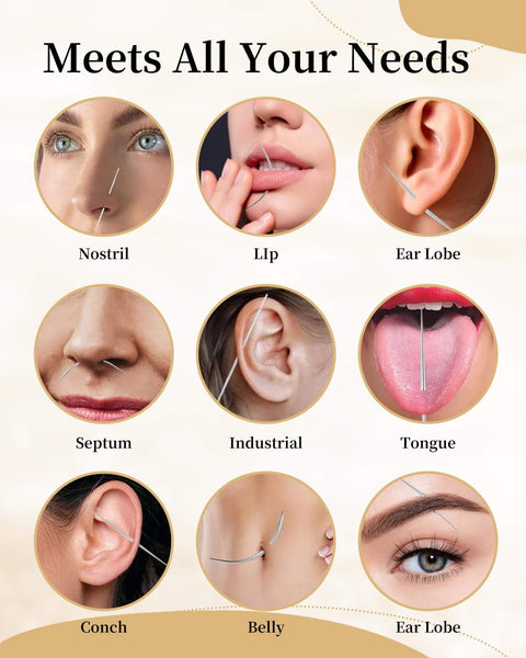 Pro Grade Piercing Kit With Ball Grabber And 16G 18G Tapers For Easy No Fuss Jewelry Changes Flat Back Earrings Applicator Tool Threadless Insertion Pin And All In One Body Piercing Set For Ears Nose Lip Eyebrow shown in use for various piercings