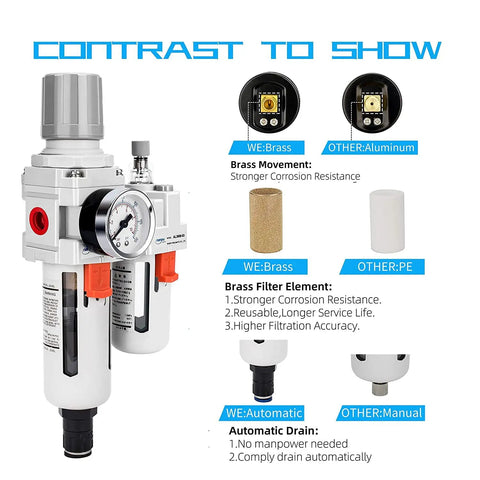 Three Eighths Inch NPT Auto Drain Air Filter Regulator Lubricator FRL Heavy Duty Combo with water oil trap illustration