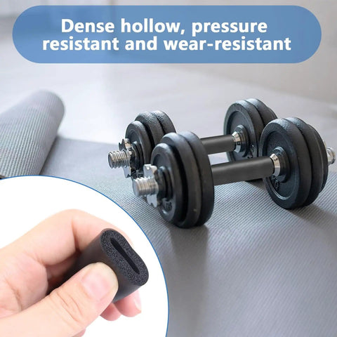 Pipe Insulation Foam Tube Three Eighths Inch ID One Inch OD Approximately One Meter Long For DIY Projects Keeps Heat In And Fights Cold Weather Foam Tubing For Guitar Racks Utensils Roof Racks Black with dense hollow structure, shown near weights.