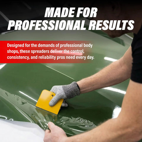 Bulk 100 Pack Yellow 4 Inch Auto Body Filler Spreaders for Putties Glazes Caulks and Paint Easy Application Reusable Plastic Spreader for Automotive Repairs and DIY Projects in use on a car panel