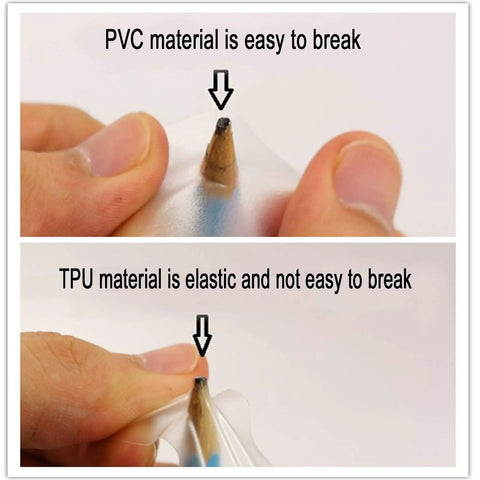 Comparison of PVC and TPU material durability, highlighting TPU's resilience in the 20 Pack TPU Pool Patch Repair Kit For Air Mattress Pools Bounce Houses Tents Canopies Floats And Inflatable Toys With 2 Pieces Plastic Deflate Tubing Waterproof High Strength Patches With Clear Adhesive.