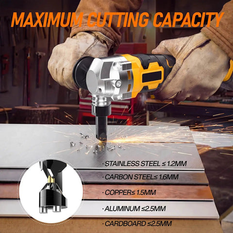 Awesome Cordless Metal Nibbler Compatible With DeWalt 20V Battery Brushless Metal Cutter shown cutting stainless steel.