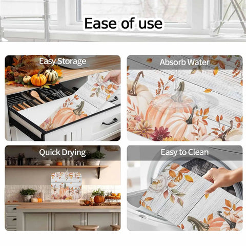 Fall Thanksgiving Dish Drying Mat With Pumpkin Leaves Floral Design Absorbent Microfiber Surface Thick Cushioned Pad Machine Washable
