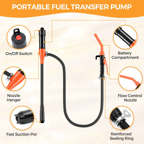 3GPM portable fluid transfer siphon pump with orange-red body and black handle, flexible hose.