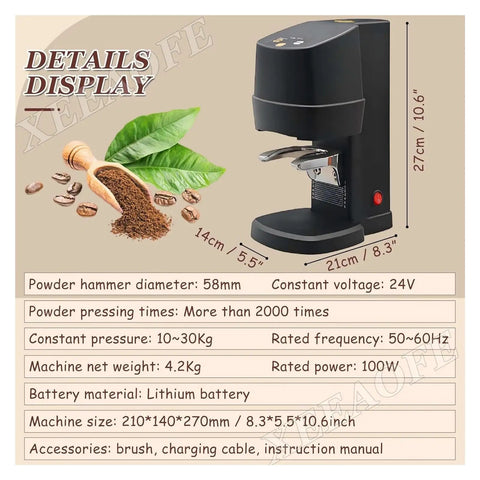 Automatic Electric Coffee Tamper For 58mm Portafilter Adjustable Espresso Presser Machine with dimensions and specifications shown.