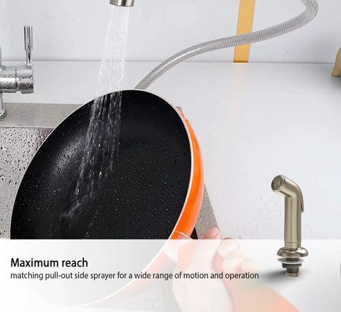RV Kitchen Sink Faucet With High Arc Spout, Dual Lever Handles, And Side Spray, Deck Mount, Brushed Nickel Finish, 8 Inch On Center