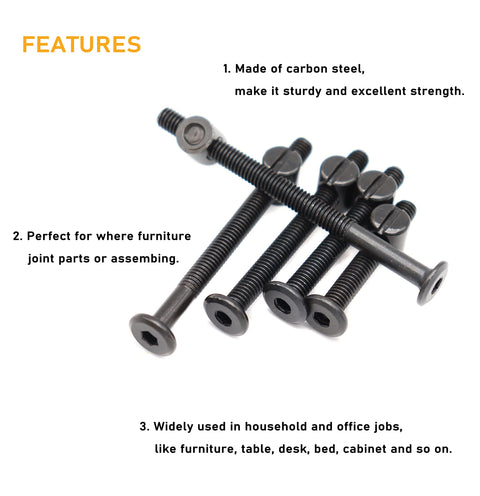 Crib Screws Kit M6 1.0 Black Hex Socket Cap Bolts assorted lengths carbon steel with barrel nuts shown on white background