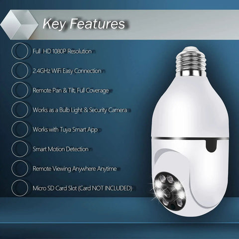Pan Tilt Security Light Camera With Full HD 1080P Wireless WiFi IP Surveillance Motion Detection Siren Alarm Night Vision Remote Viewing Two In One LED Floodlight Camera For Home Security in bulb design.