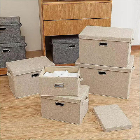 Heavy Duty Fabric Storage Bins With Snap On Lids Stackable Khaki Storage Boxes displayed in a tidy arrangement on a wooden floor.