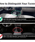Interior comparison for 2025 Hyundai Tucson, highlighting console differences for Hybrid Limited vs. SE/SEL/XRT models with automatic transmission.