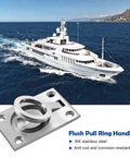Set Of 2 Flush Mount Ring Pull Handles In Stainless Steel 304 with yacht background, ideal for marine boat deck access