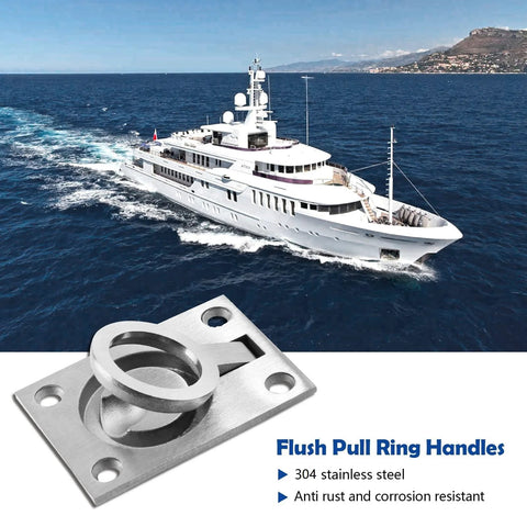 Set Of 2 Flush Mount Ring Pull Handles In Stainless Steel 304 with yacht background, ideal for marine boat deck access