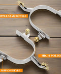 Two Pack Horse Spurs Set In Stainless Steel With Gear Copper Rowels on wooden surface, showcasing craftsmanship and design