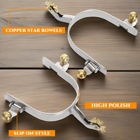 Two Pack Horse Spurs Set In Stainless Steel With Gear Copper Rowels on wooden surface, showcasing craftsmanship and design