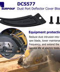 Heavy Duty DCS577 Dust Port Reflector Cover Block compatible with DeWalt saw, black plastic, installation view, equipment protection.