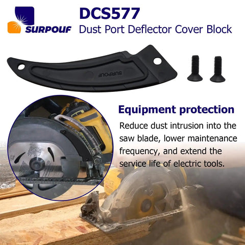 Heavy Duty DCS577 Dust Port Reflector Cover Block compatible with DeWalt saw, black plastic, installation view, equipment protection.