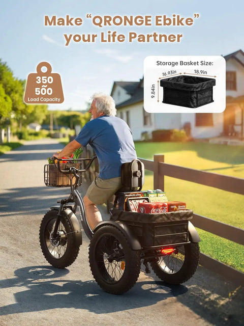 Electric Tricycle For Adults 1200W Peak Power 36V 20Ah Battery 75 Mile Range Large Rear Basket 20 Inch Fat Tire 3 Wheel Folding Ebike Max 20 MPH Lava Color Easy Fold Comfortable Daily Cruiser with rider and cargo baskets