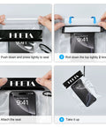 Step-by-step sealing of a phone in a 5 Pack Clear Waterproof Dry Bags For Camera, Phone, Maps And More With Lanyard.