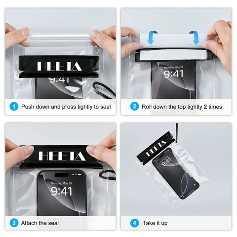 Step-by-step sealing of a phone in a 5 Pack Clear Waterproof Dry Bags For Camera, Phone, Maps And More With Lanyard.