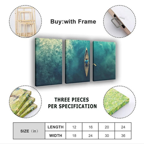 Teal Ocean Canoe Wall Art Canvas Print for Living Room with Modern Aesthetic Seascape and Floral Touch, framed 3-piece set view