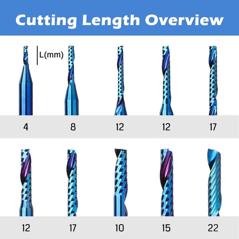 Genmitsu 1/8 inch shank carbide end mills set, blue-coated, O-flute, single-flute, 10 pcs for CNC routing.