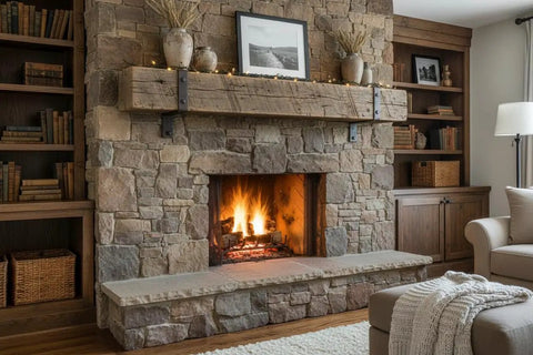 Stone fireplace with rustic wooden mantel and fire, showcasing a cozy living space. Hella Durable Reactive Water Based Voc Free Interior Wood Stain 55 Gallon Yields A Dead On Authentic Barnwood Finish With Slick Rustic Brown And Gray Undertones That Add Legit Depth To Any Major Space.
