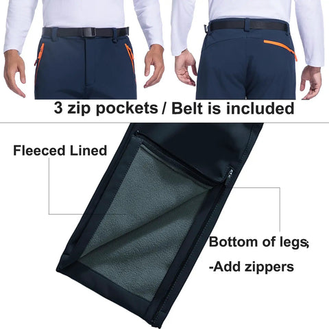 Mens Snow Ski Hiking Pants Waterproof Winter Fleece Lined Softshell Snowboard Pants With Zippered Bottom Legs And Built In Belt