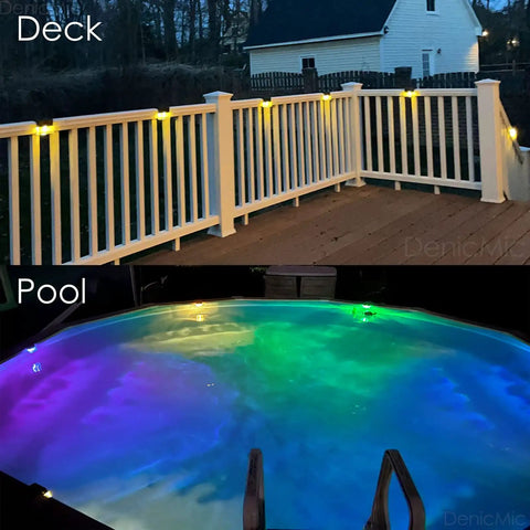 Solar Deck Lights 3000K Warm White Color Changing Outdoor Fence Lights illuminating deck rails and poolside area at night.