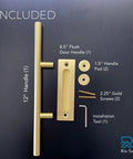 18 Inch Brushed Brass Vintage Gold Barn Door Handle Kit With Solid Aluminum Pulls For Closet And Sliding Doors Large 7 Piece Flush Pull Set Easy Install Classic Farmhouse Style kit components displayed flat.