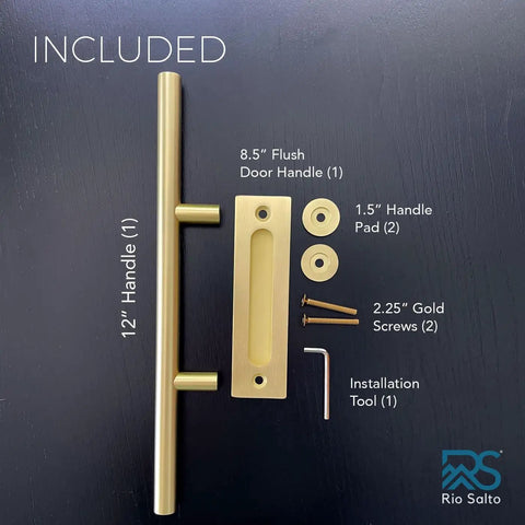 18 Inch Brushed Brass Vintage Gold Barn Door Handle Kit With Solid Aluminum Pulls For Closet And Sliding Doors Large 7 Piece Flush Pull Set Easy Install Classic Farmhouse Style kit components displayed flat.