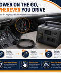 No Hassle Bulletproof XT60 To 12V 24V Car Charger Cable connected to car socket and portable power station in vehicle.