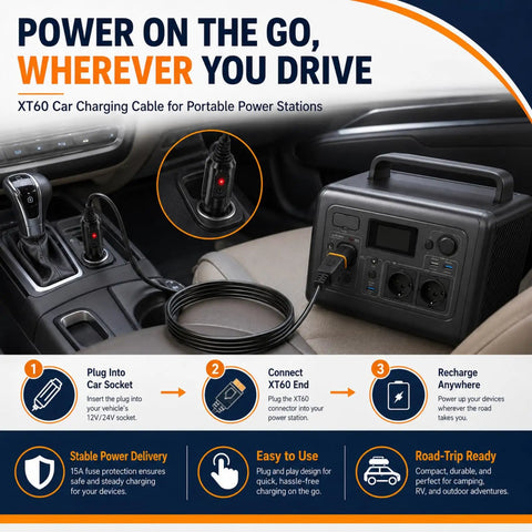 No Hassle Bulletproof XT60 To 12V 24V Car Charger Cable connected to car socket and portable power station in vehicle.