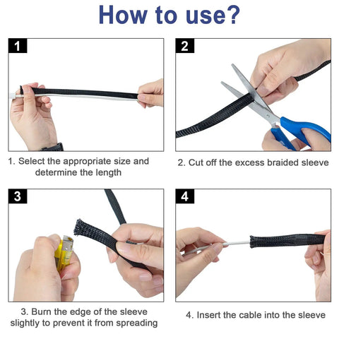 Step-by-step guide using 50ft Expandable Braided Cable Sleeve For 1/2 Inch And 1/4 Inch Wires Flexible Braided Wire Sleeving